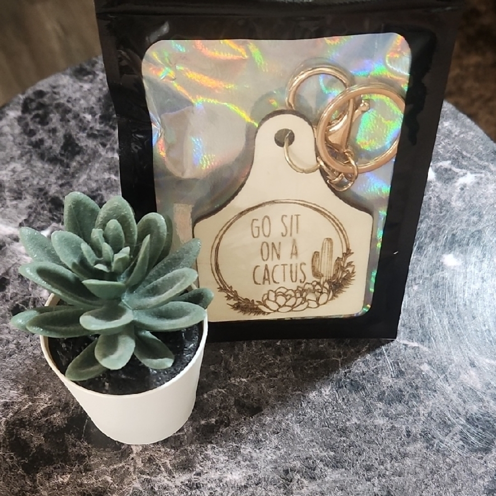 Natural Wood 'Go Sit On A Cactus' Keychain with Gold Clasp + Fake Cactus Lol! - Picture 3 of 3